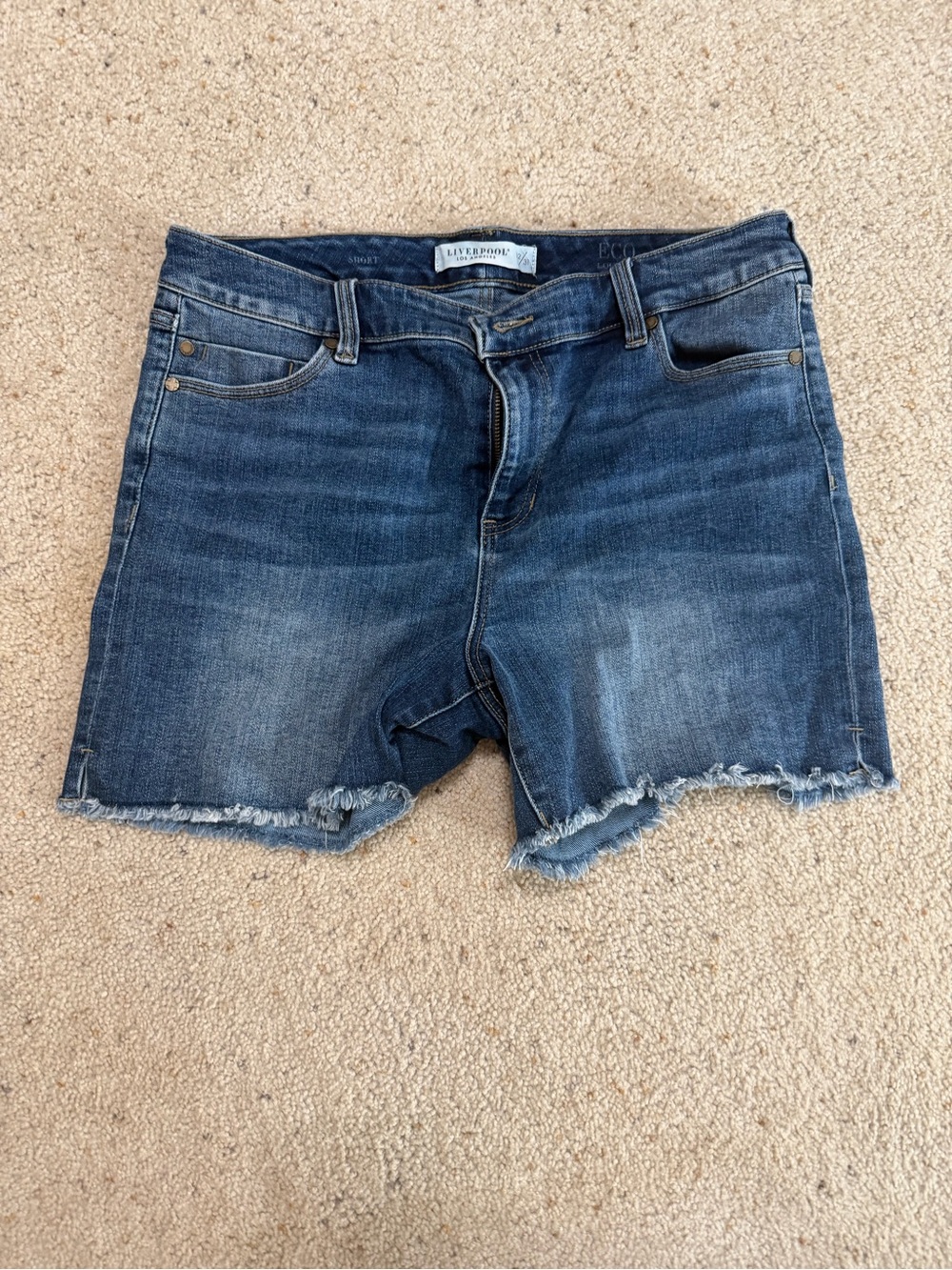 Liverpool Mid-Rise Dark Blue Frayed Hem Jean Shorts